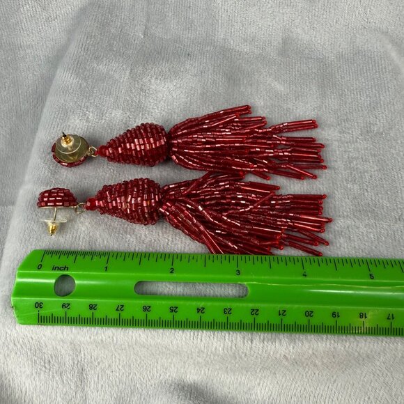 Beaded Red Tassel Pierced Earrings Statement Jewelry Gold Tone Back Vibrant Boho - Picture 7 of 16